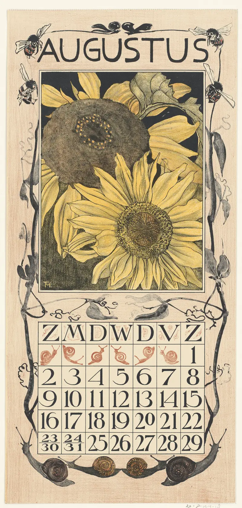 Art nouveau calendar print with sunflowers